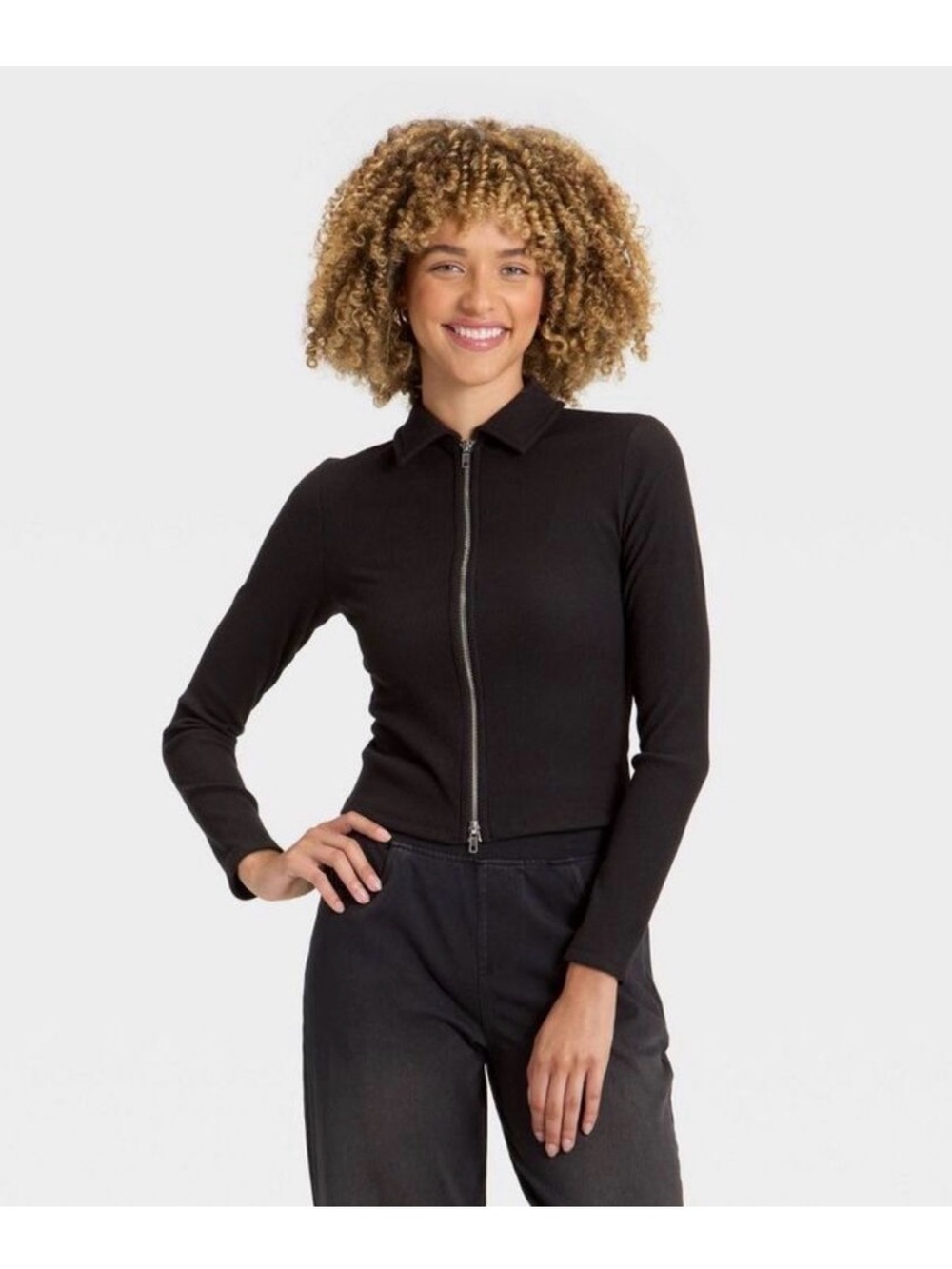 A New Day - Women's Long Sleeve Brushed Ribbed Polo Zip-Up Jac Black